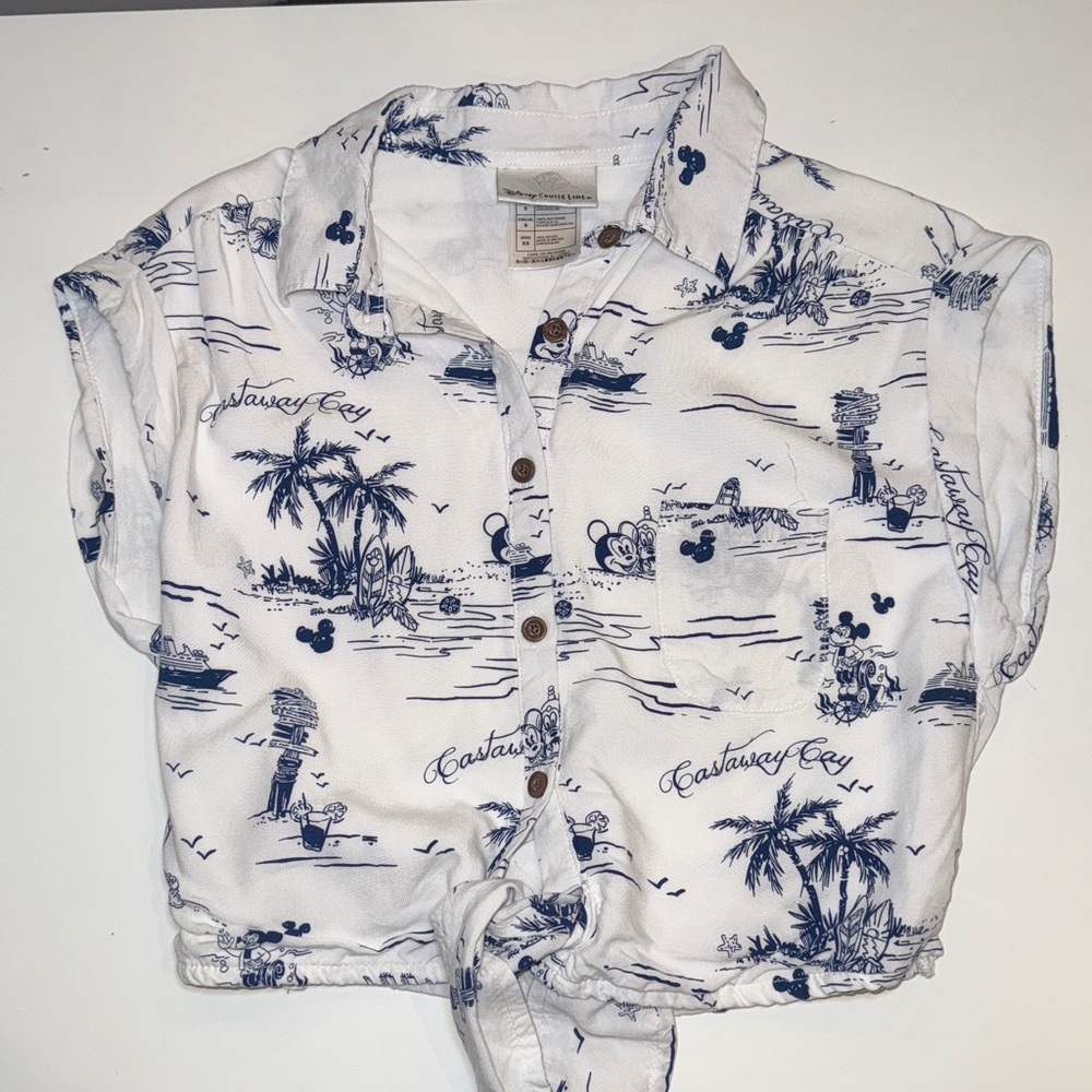 Disney Cruise Line Castaway Cay Ladies Button Down Tie Crop Top Shirt SZ XS